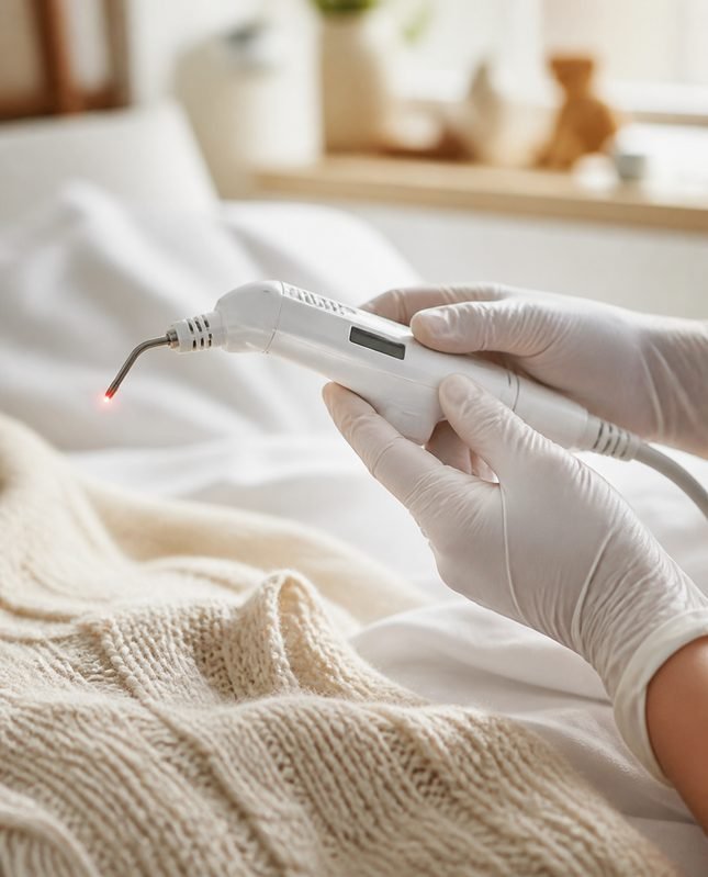 Mãos com luvas segurando um aparelho de laser de baixa intensidade