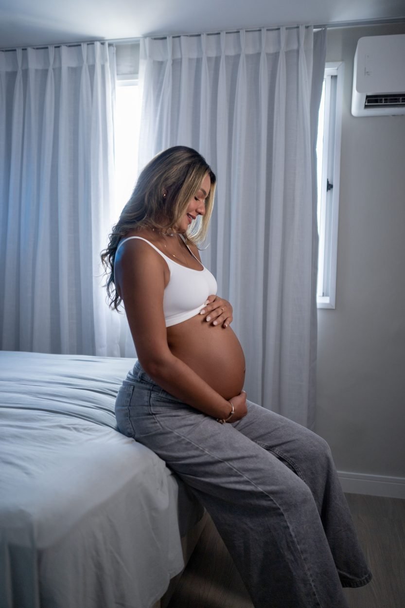 Gestante sentada na cama, com as mãos na barriga
